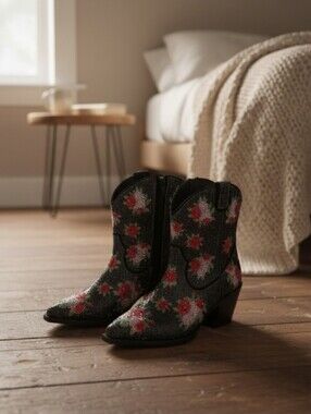 Wild Pair Black Floral Crystal Western Ankle Boot